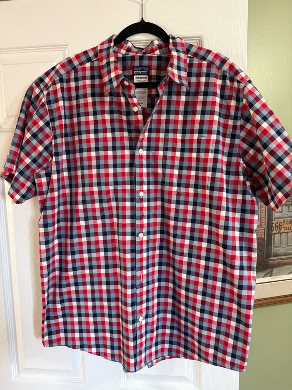 Patagonia Men’s Short-Sleeve Red, White & Navy Plaid Button-Down Shirt